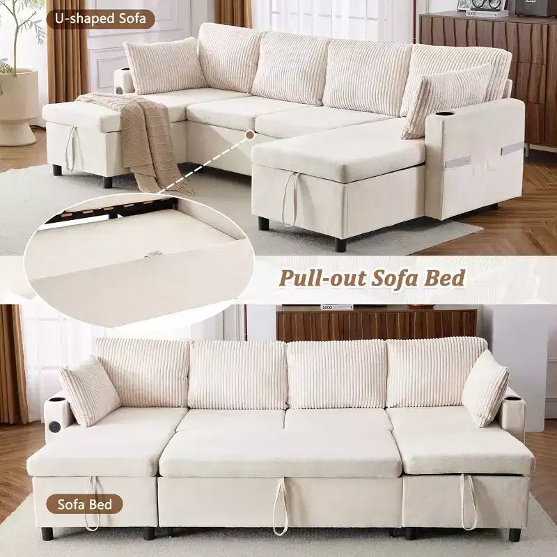 Whisen 113.4 Sectional Sofa, Pull-out Sofa Bed, Versatile Couch with Large Storage Space, Two Cup Holders