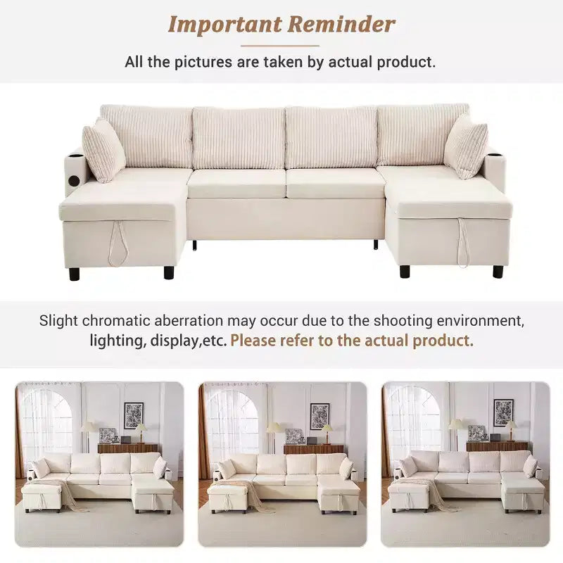 Whisen 113.4 Sectional Sofa, Pull-out Sofa Bed, Versatile Couch with Large Storage Space, Two Cup Holders