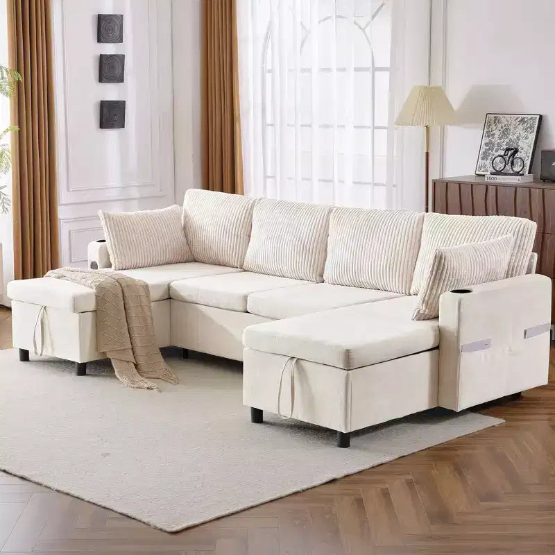 Whisen 113.4 Sectional Sofa, Pull-out Sofa Bed, Versatile Couch with Large Storage Space, Two Cup Holders