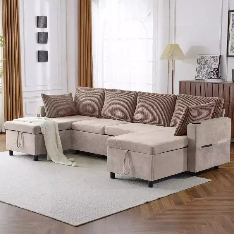 Whisen 113.4 Sofá Seccional, Sofá Cama Extraíble, Sofá Versátil con Amplio Espacio de Almacenamiento, Dos Portavasos