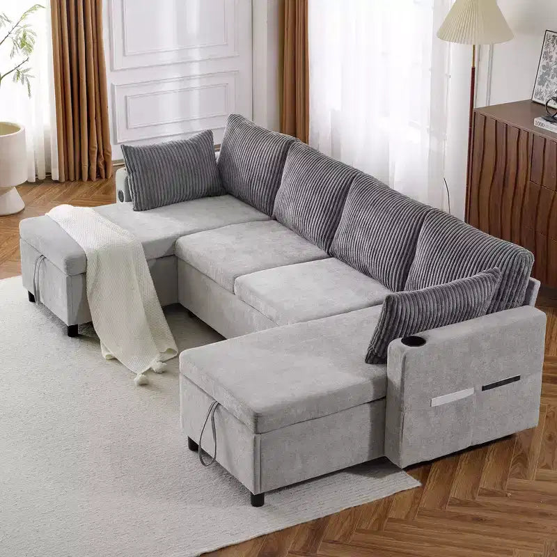 Whisen 113.4 Sofá Seccional, Sofá Cama Extraíble, Sofá Versátil con Amplio Espacio de Almacenamiento, Dos Portavasos