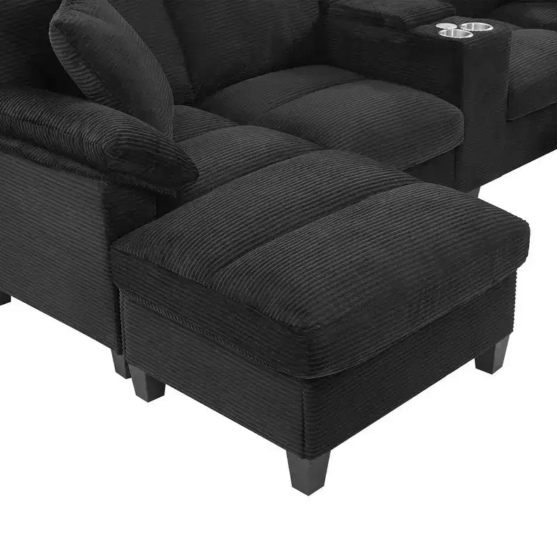 Whisen 116.9 Sectional Sofa, Modern U-Shaped Sectional Sofa, Corduroy Upholstered Couch with Ottomans, Cup Holders