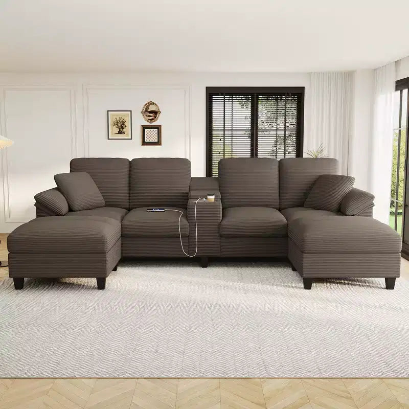 Whisen 116.9 Sectional Sofa, Modern U-Shaped Sectional Sofa, Corduroy Upholstered Couch with Ottomans, Cup Holders