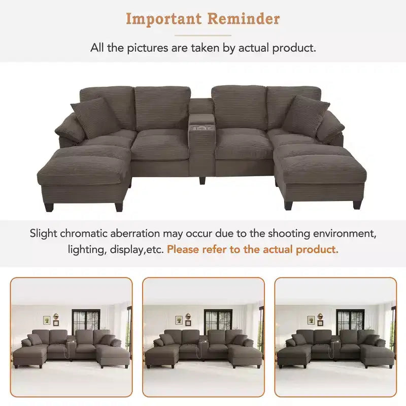 Whisen 116.9 Sectional Sofa, Modern U-Shaped Sectional Sofa, Corduroy Upholstered Couch with Ottomans, Cup Holders