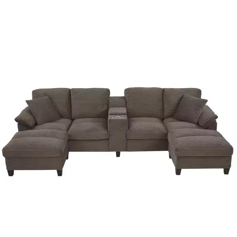 Whisen 116.9 Sectional Sofa, Modern U-Shaped Sectional Sofa, Corduroy Upholstered Couch with Ottomans, Cup Holders