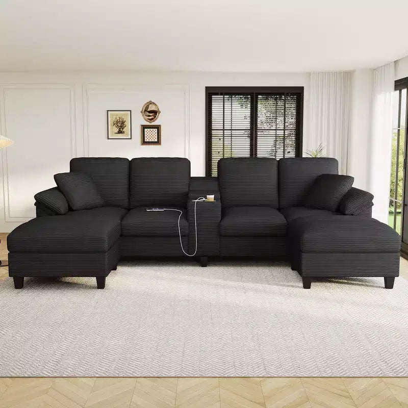Whisen 116.9 Sectional Sofa, Modern U-Shaped Sectional Sofa, Corduroy Upholstered Couch with Ottomans, Cup Holders