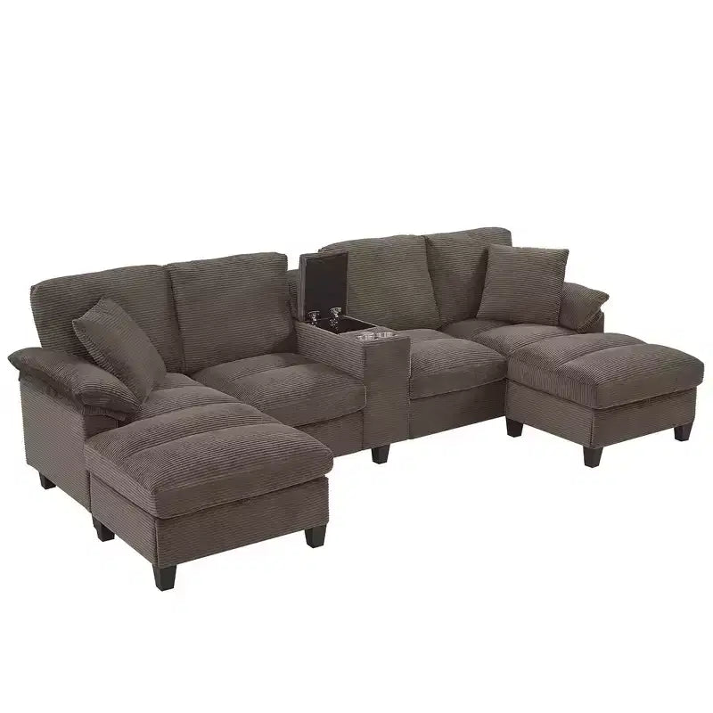 Whisen 116.9 Sectional Sofa, Modern U-Shaped Sectional Sofa, Corduroy Upholstered Couch with Ottomans, Cup Holders