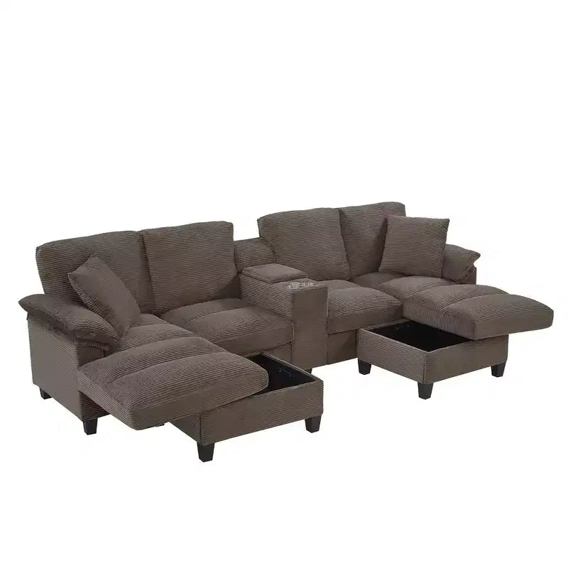 Whisen 116.9 Sectional Sofa, Modern U-Shaped Sectional Sofa, Corduroy Upholstered Couch with Ottomans, Cup Holders