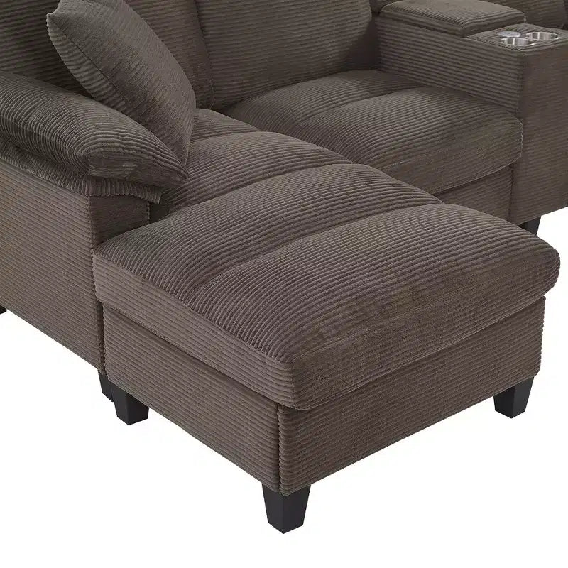 Whisen 116.9 Sectional Sofa, Modern U-Shaped Sectional Sofa, Corduroy Upholstered Couch with Ottomans, Cup Holders