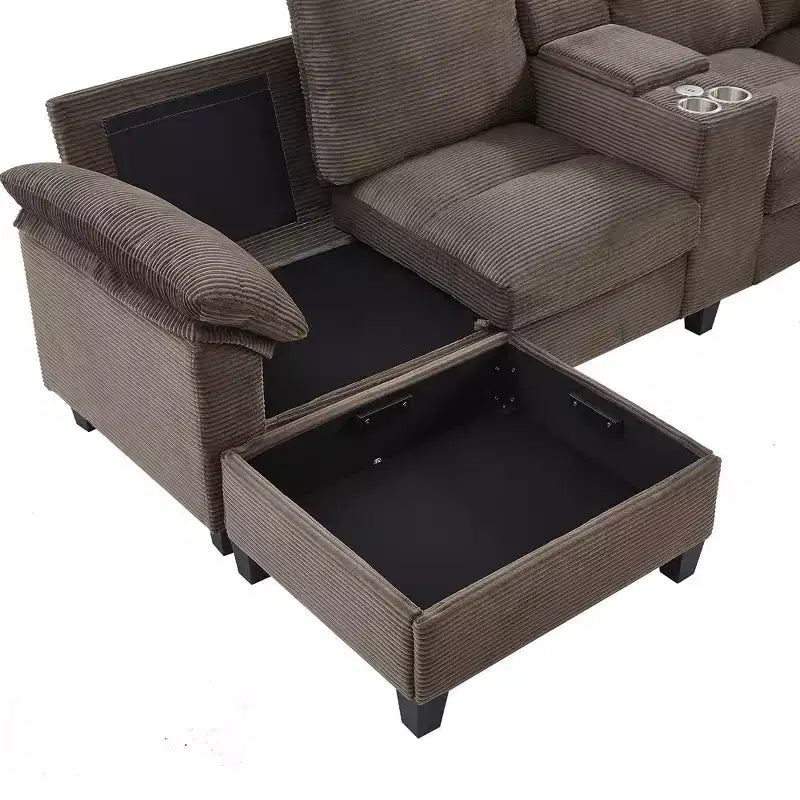 Whisen 116.9 Sectional Sofa, Modern U-Shaped Sectional Sofa, Corduroy Upholstered Couch with Ottomans, Cup Holders