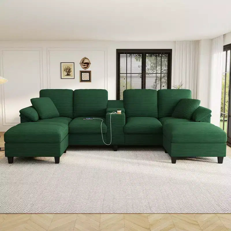Whisen 116.9 Sectional Sofa, Modern U-Shaped Sectional Sofa, Corduroy Upholstered Couch with Ottomans, Cup Holders