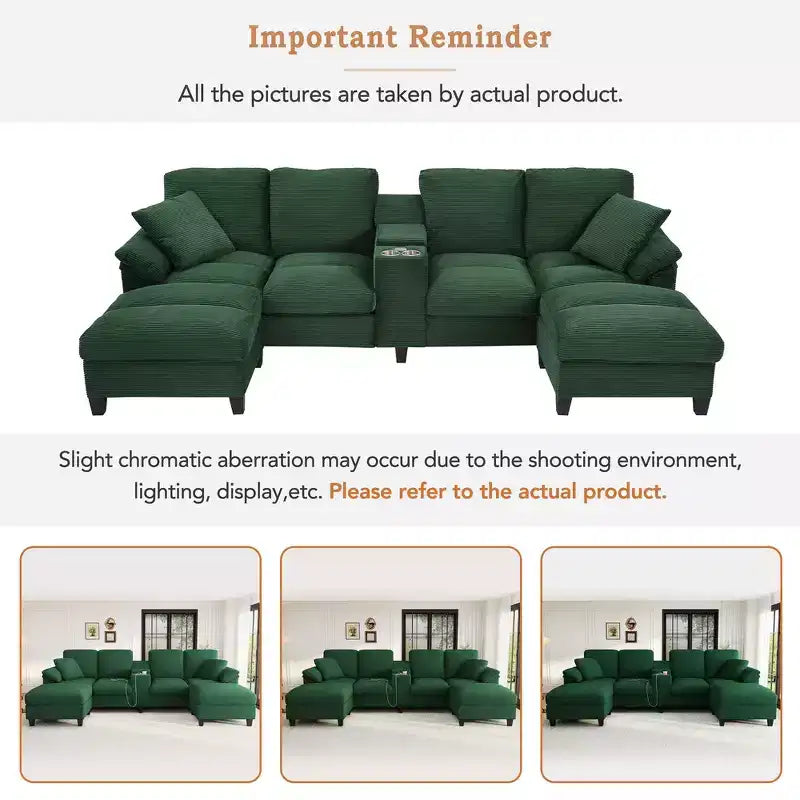 Whisen 116.9 Sectional Sofa, Modern U-Shaped Sectional Sofa, Corduroy Upholstered Couch with Ottomans, Cup Holders