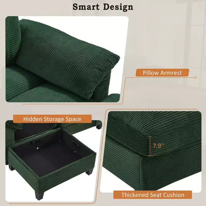 Whisen 116.9 Sectional Sofa, Modern U-Shaped Sectional Sofa, Corduroy Upholstered Couch with Ottomans, Cup Holders