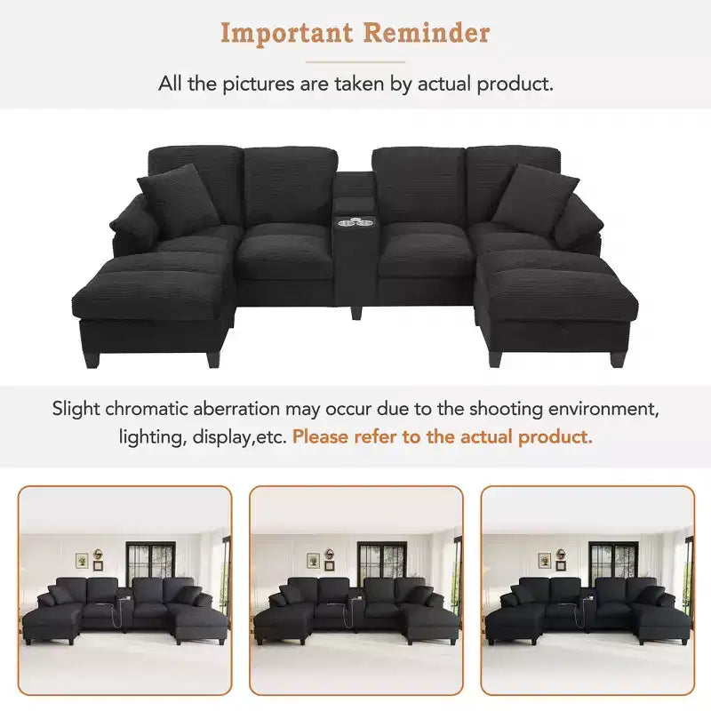 Whisen 116.9 Sectional Sofa, Modern U-Shaped Sectional Sofa, Corduroy Upholstered Couch with Ottomans, Cup Holders