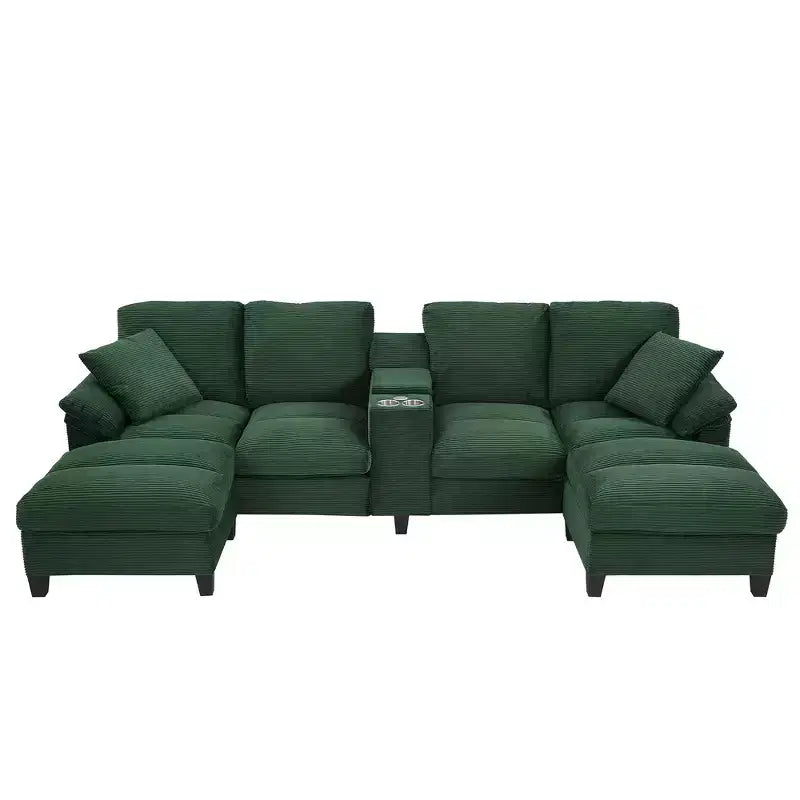Whisen 116.9 Sectional Sofa, Modern U-Shaped Sectional Sofa, Corduroy Upholstered Couch with Ottomans, Cup Holders