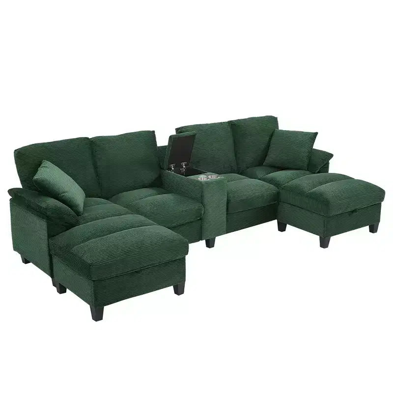 Whisen 116.9 Sectional Sofa, Modern U-Shaped Sectional Sofa, Corduroy Upholstered Couch with Ottomans, Cup Holders