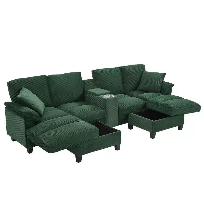 Whisen 116.9 Sectional Sofa, Modern U-Shaped Sectional Sofa, Corduroy Upholstered Couch with Ottomans, Cup Holders