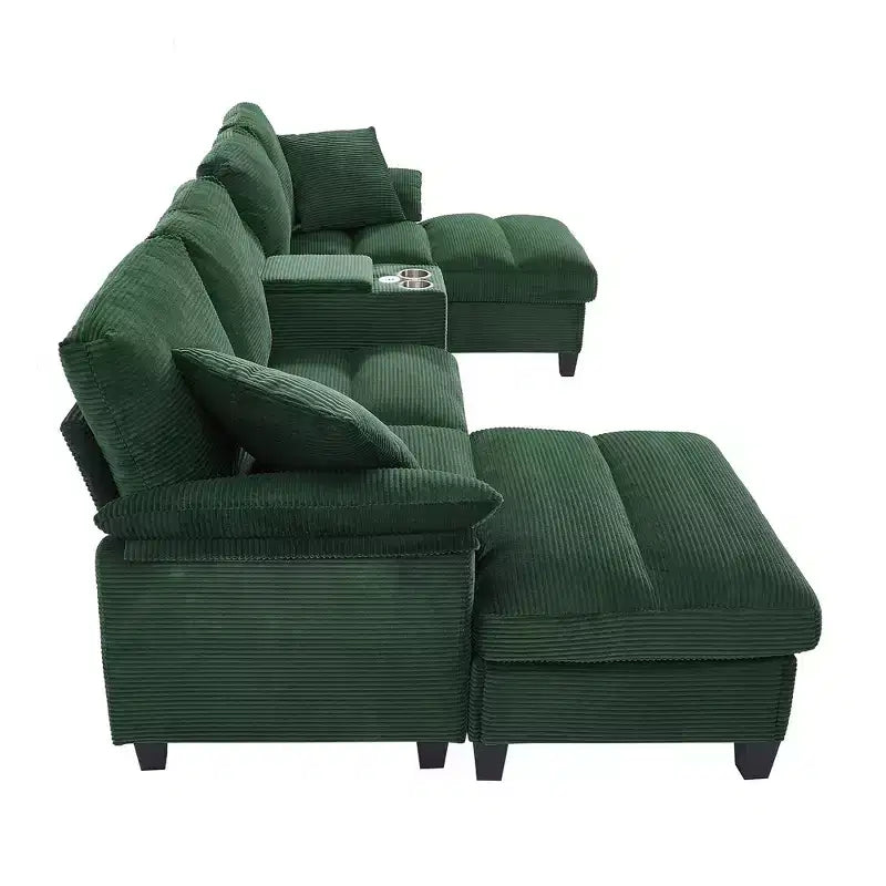 Whisen 116.9 Sectional Sofa, Modern U-Shaped Sectional Sofa, Corduroy Upholstered Couch with Ottomans, Cup Holders
