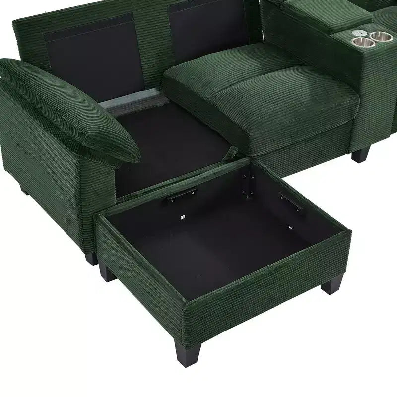 Whisen 116.9 Sectional Sofa, Modern U-Shaped Sectional Sofa, Corduroy Upholstered Couch with Ottomans, Cup Holders