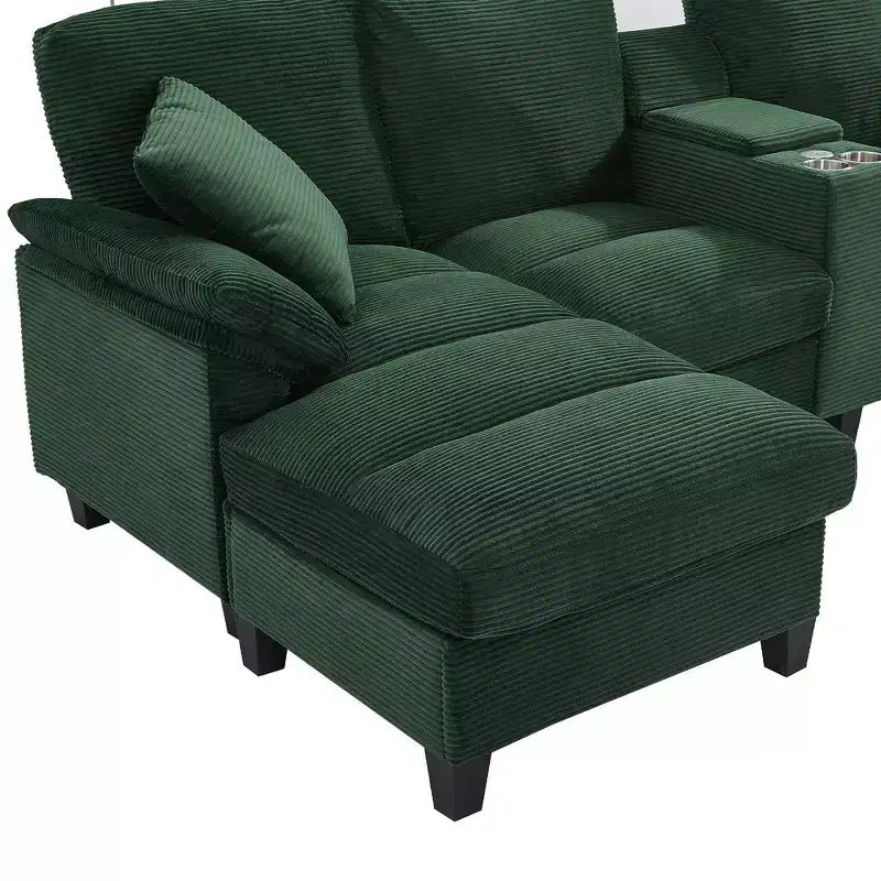 Whisen 116.9 Sectional Sofa, Modern U-Shaped Sectional Sofa, Corduroy Upholstered Couch with Ottomans, Cup Holders