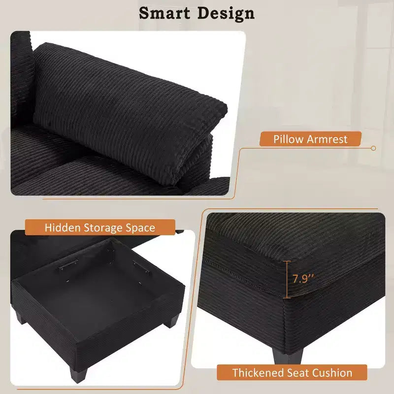 Whisen 116.9 Sectional Sofa, Modern U-Shaped Sectional Sofa, Corduroy Upholstered Couch with Ottomans, Cup Holders