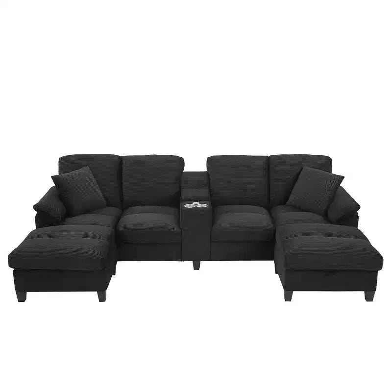 Whisen 116.9 Sectional Sofa, Modern U-Shaped Sectional Sofa, Corduroy Upholstered Couch with Ottomans, Cup Holders