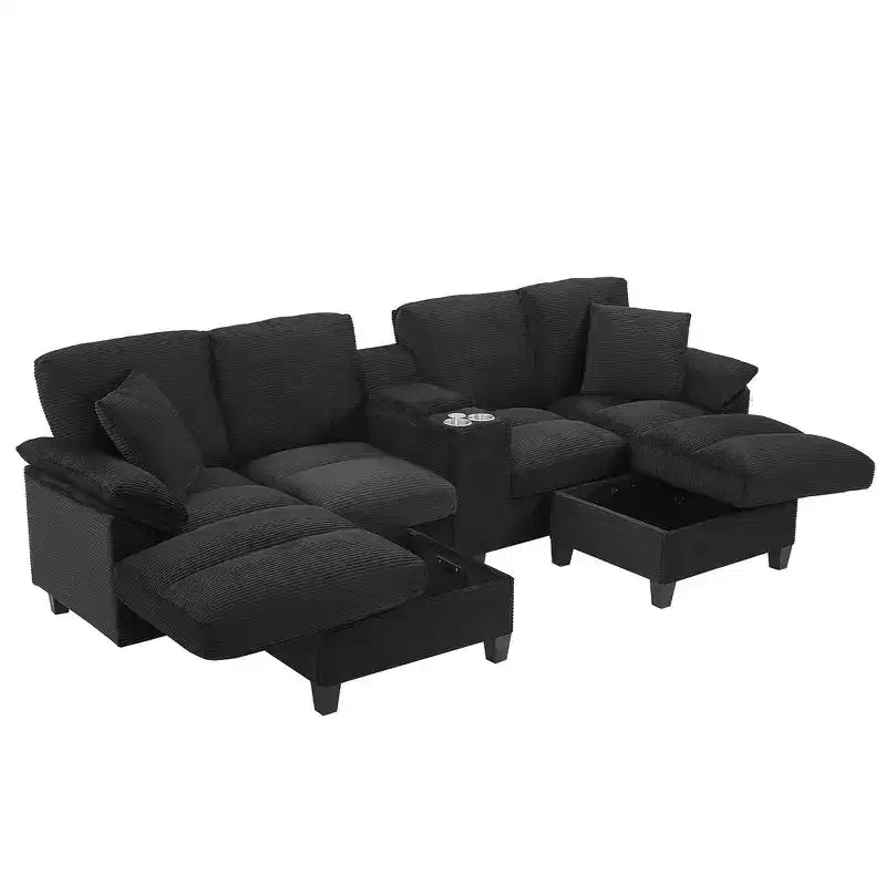 Whisen 116.9 Sectional Sofa, Modern U-Shaped Sectional Sofa, Corduroy Upholstered Couch with Ottomans, Cup Holders