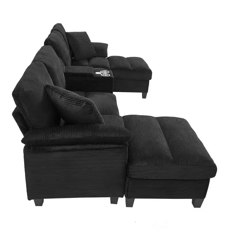 Whisen 116.9 Sectional Sofa, Modern U-Shaped Sectional Sofa, Corduroy Upholstered Couch with Ottomans, Cup Holders
