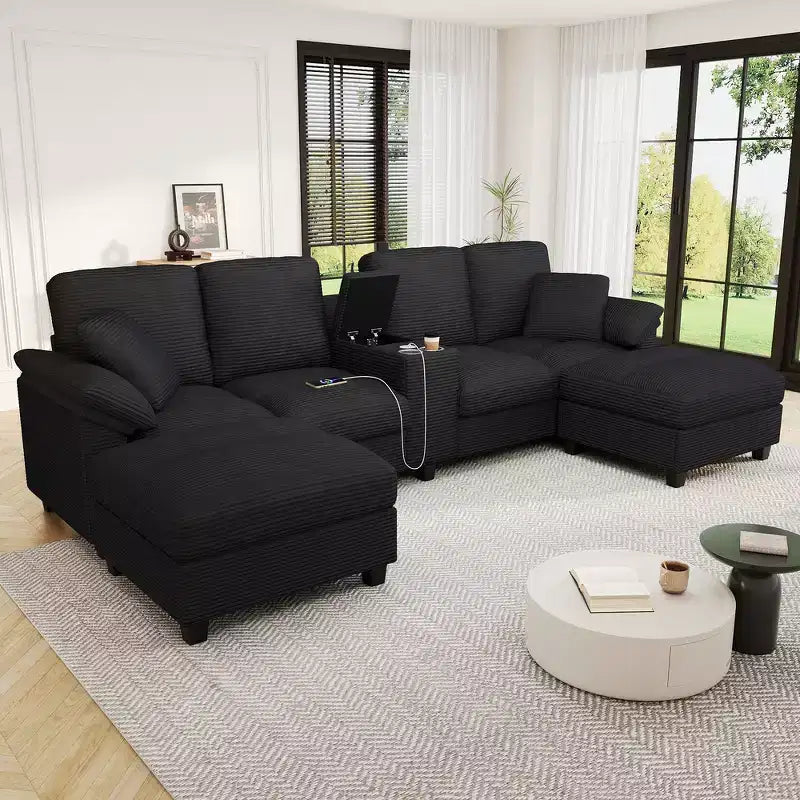 Whisen 116.9 Sectional Sofa, Modern U-Shaped Sectional Sofa, Corduroy Upholstered Couch with Ottomans, Cup Holders