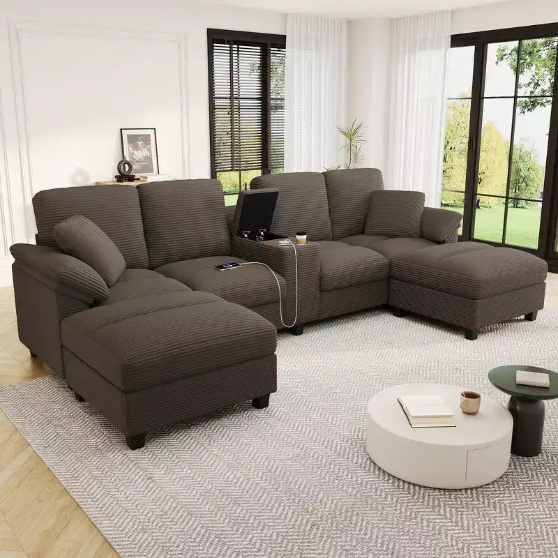 Canapé d'angle Whisen 116.9, canapé d'angle moderne en U, canapé rembourré en velours côtelé avec poufs, porte-gobelets