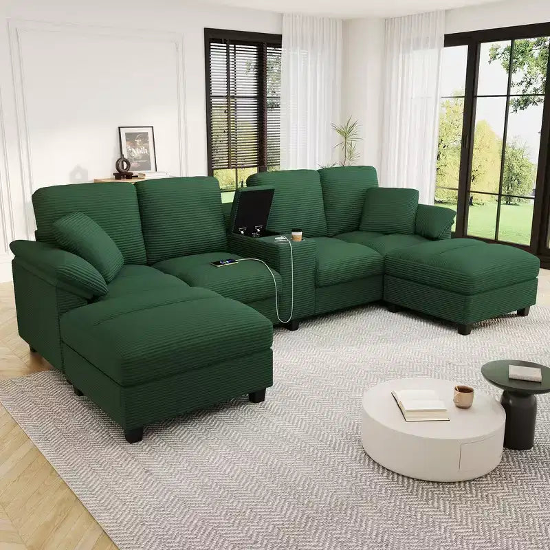 Canapé d'angle Whisen 116.9, canapé d'angle moderne en U, canapé rembourré en velours côtelé avec poufs, porte-gobelets