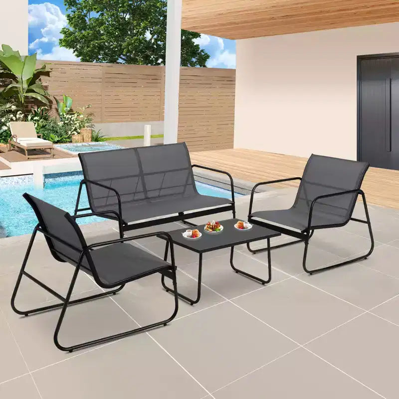 Ensemble de patio 4 pièces avec tissu textilène et table en verre trempé Mobilier de conversation tout temps pour jardin, piscine, balcon