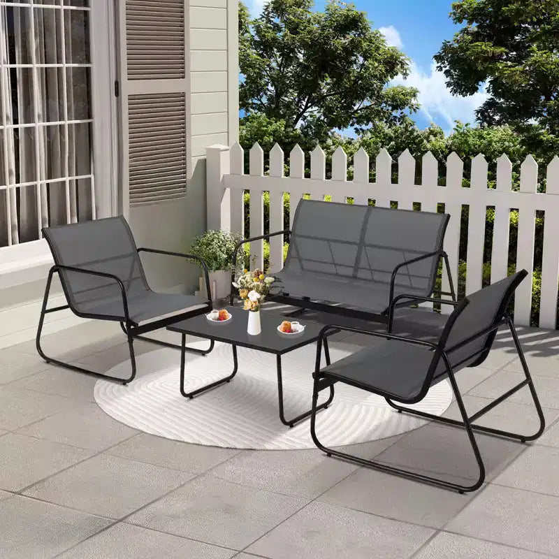 Ensemble de patio 4 pièces avec tissu textilène et table en verre trempé Mobilier de conversation tout temps pour jardin, piscine, balcon