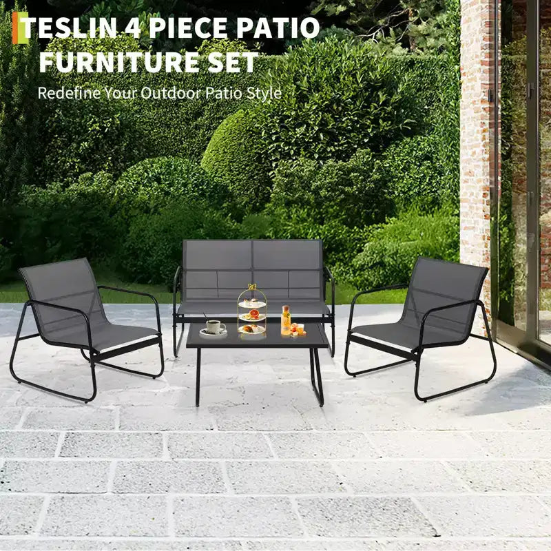 Ensemble de patio 4 pièces avec tissu textilène et table en verre trempé Mobilier de conversation tout temps pour jardin, piscine, balcon