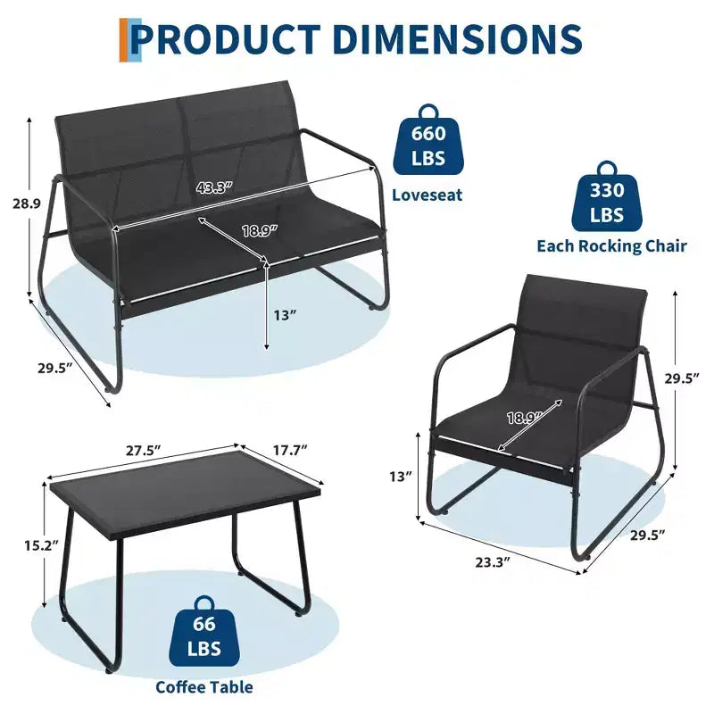 Ensemble de patio 4 pièces avec tissu textilène et table en verre trempé Mobilier de conversation tout temps pour jardin, piscine, balcon