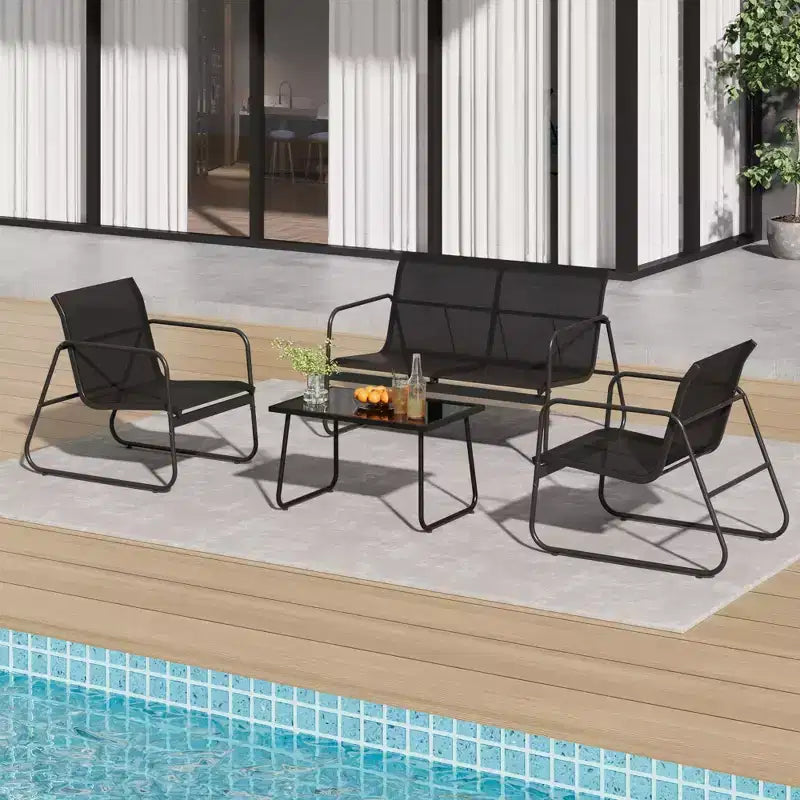 Ensemble de patio 4 pièces avec tissu textilène et table en verre trempé Mobilier de conversation tout temps pour jardin, piscine, balcon