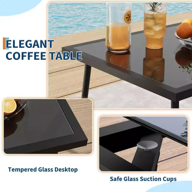 Ensemble de patio 4 pièces avec tissu textilène et table en verre trempé Mobilier de conversation tout temps pour jardin, piscine, balcon