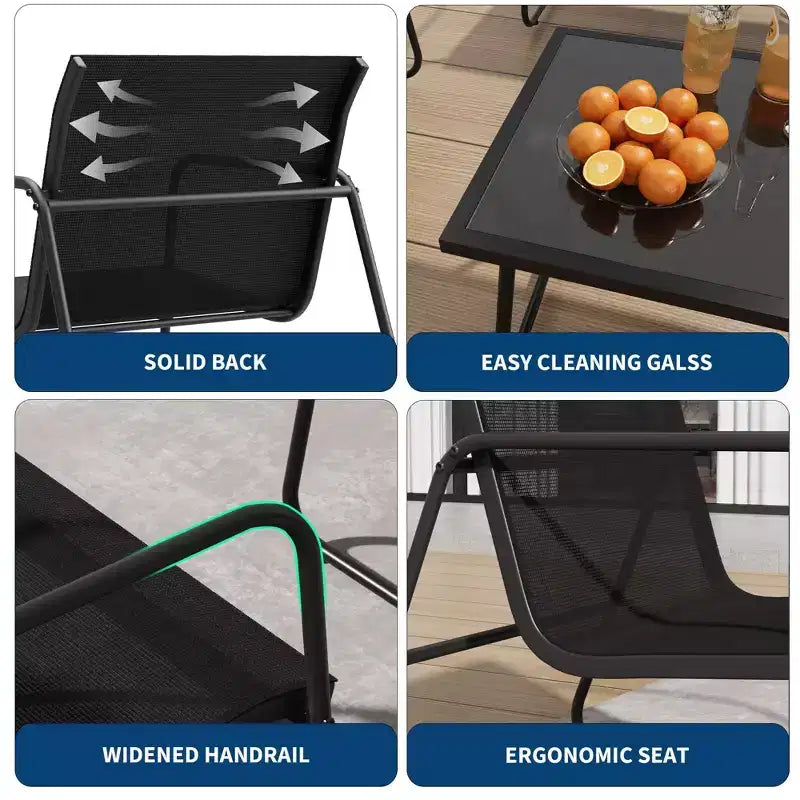 Ensemble de patio 4 pièces avec tissu textilène et table en verre trempé Mobilier de conversation tout temps pour jardin, piscine, balcon