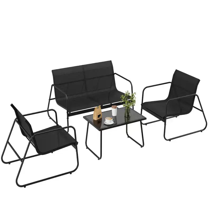 4-Piece Outdoor Patio Set with Textilene Fabric & Tempered Glass Table  All-Weather Conversation Furniture for Garden, Pool, Balcony