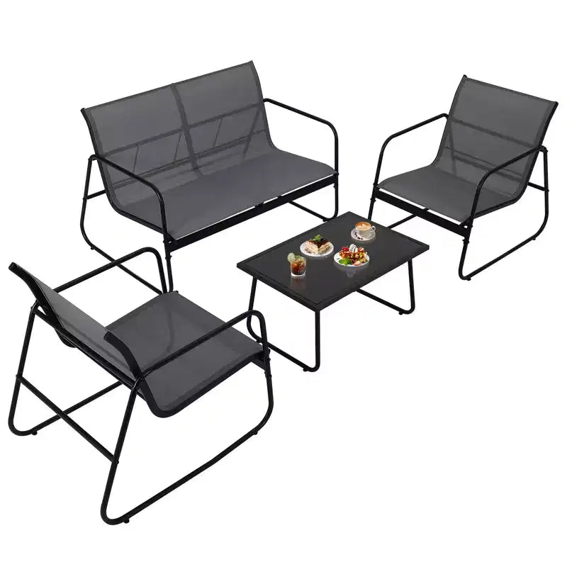 Ensemble de patio 4 pièces avec tissu textilène et table en verre trempé Mobilier de conversation tout temps pour jardin, piscine, balcon