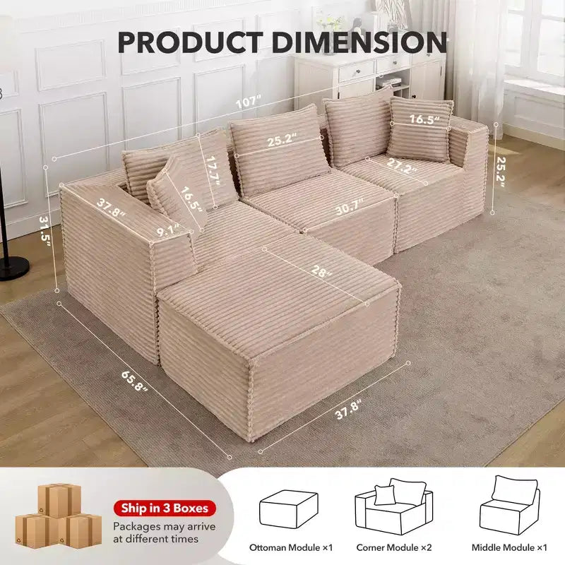 141 Modular Cloud Sectional Sofa with Ottoman - No Assembly Compression Packaged, Ultra Soft Memory Foam, Convertible Couch for Living Room