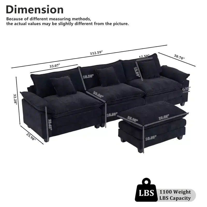 EHMKNP 112 L-Shaped Modular Sectional Sofa  Comfy Cloud Couch with Movable Ottoman, Deep Seat Cushions for Living Room