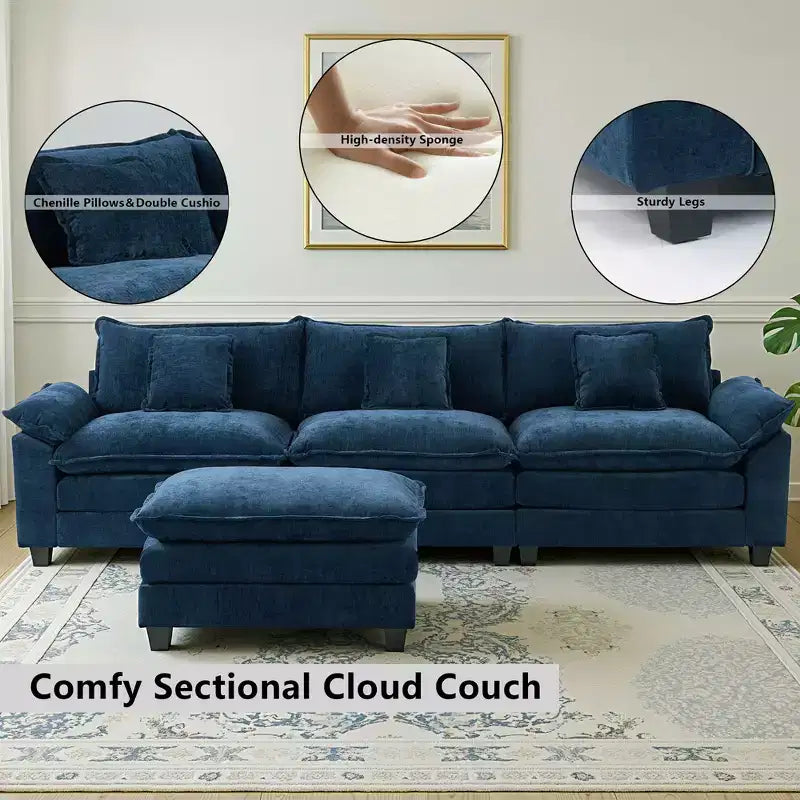 EHMKNP 112 L-Shaped Modular Sectional Sofa  Comfy Cloud Couch with Movable Ottoman, Deep Seat Cushions for Living Room