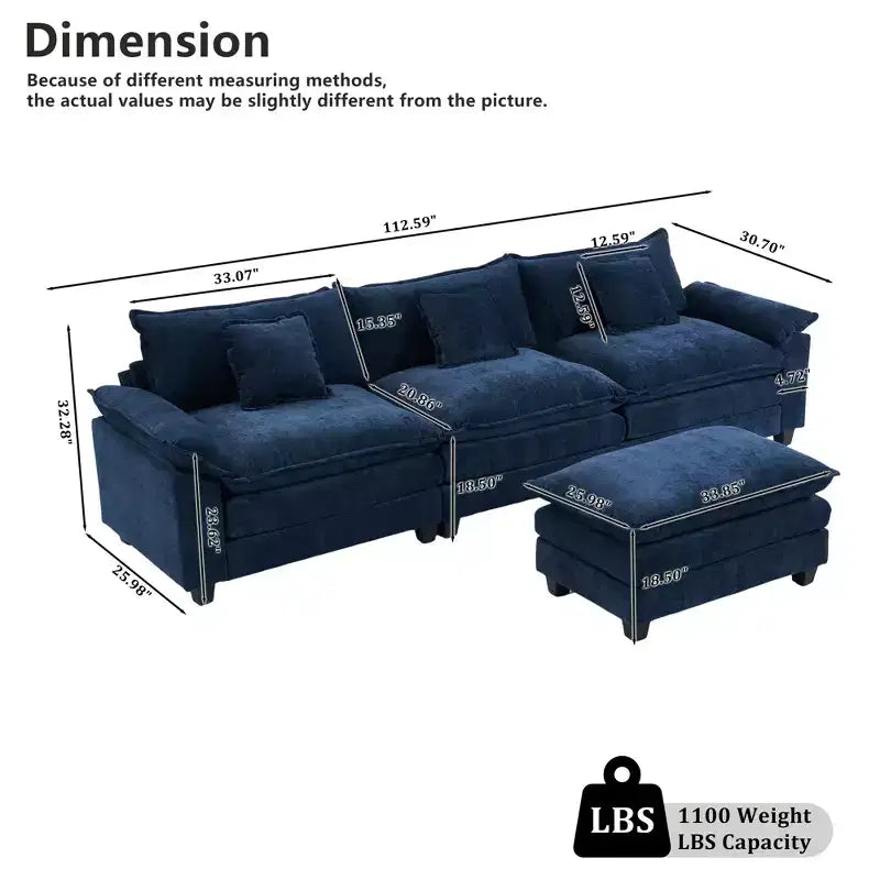 EHMKNP 112 L-Shaped Modular Sectional Sofa  Comfy Cloud Couch with Movable Ottoman, Deep Seat Cushions for Living Room