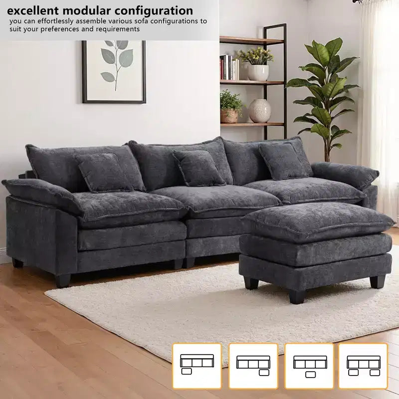 EHMKNP 112 L-Shaped Modular Sectional Sofa  Comfy Cloud Couch with Movable Ottoman, Deep Seat Cushions for Living Room