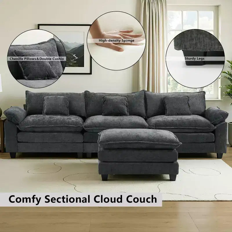 EHMKNP 112 L-Shaped Modular Sectional Sofa  Comfy Cloud Couch with Movable Ottoman, Deep Seat Cushions for Living Room