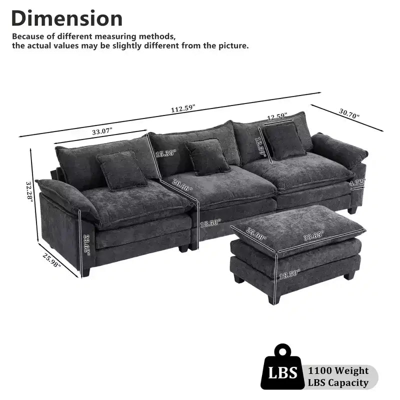 EHMKNP 112 L-Shaped Modular Sectional Sofa  Comfy Cloud Couch with Movable Ottoman, Deep Seat Cushions for Living Room
