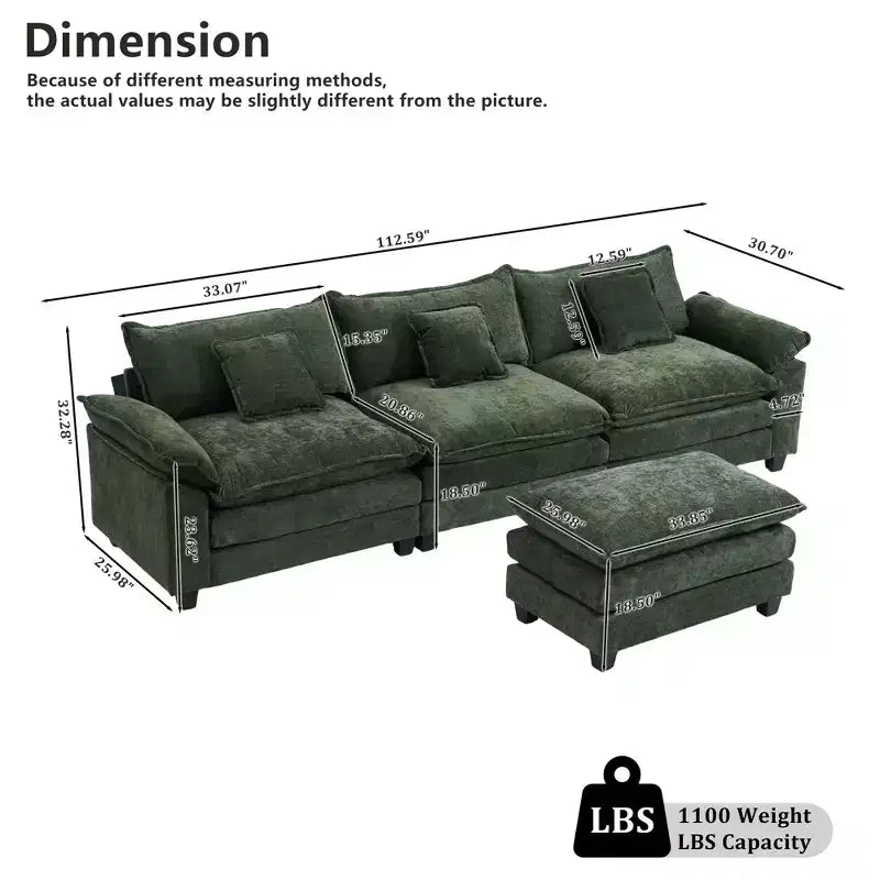 EHMKNP 112 L-Shaped Modular Sectional Sofa  Comfy Cloud Couch with Movable Ottoman, Deep Seat Cushions for Living Room