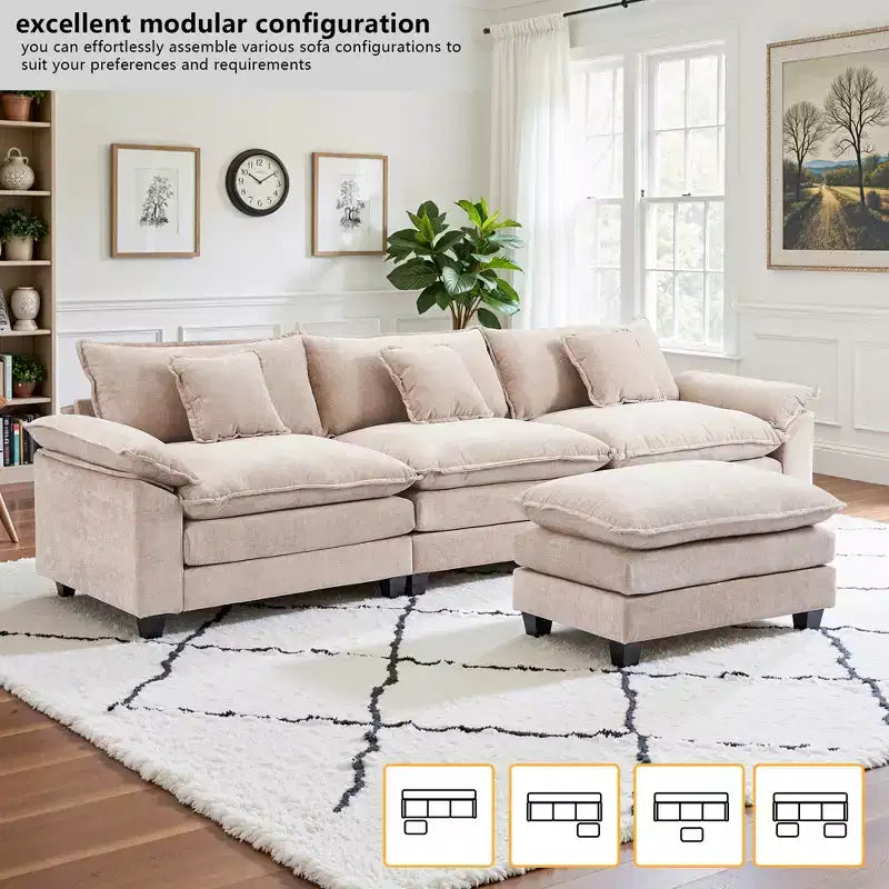 EHMKNP 112 L-Shaped Modular Sectional Sofa  Comfy Cloud Couch with Movable Ottoman, Deep Seat Cushions for Living Room