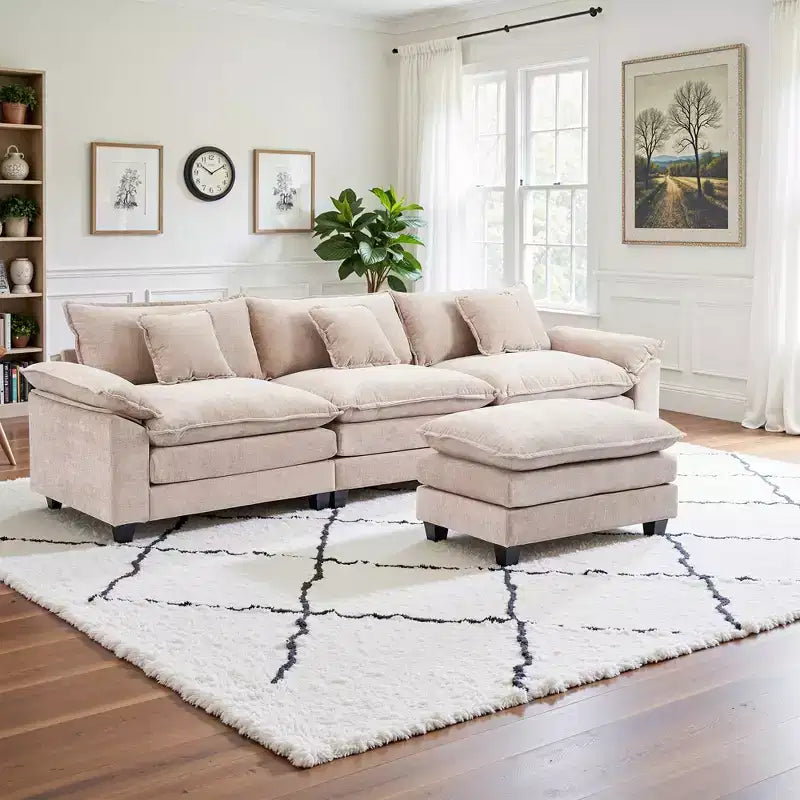 EHMKNP 112 L-Shaped Modular Sectional Sofa  Comfy Cloud Couch with Movable Ottoman, Deep Seat Cushions for Living Room